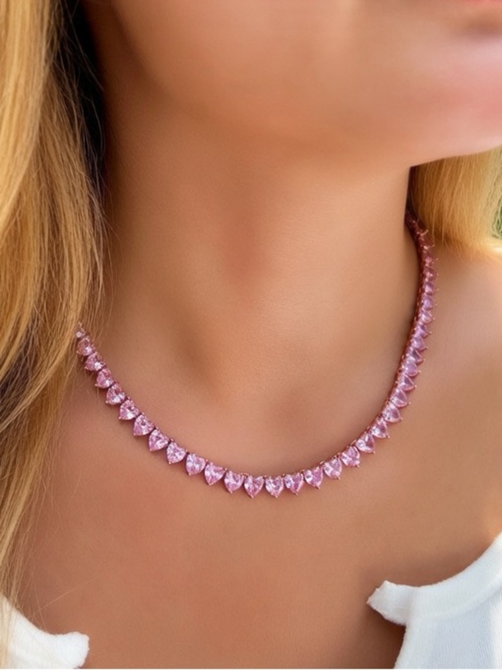 14k ROSE GOLD PLATED PINK TENNIS NECKLACE